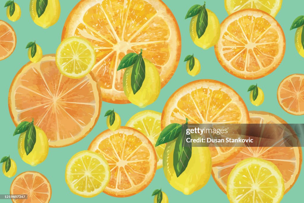 Zitrusfrüchte Hintergrund - Scheiben von Zitronen und Orangen Lager Illustration
