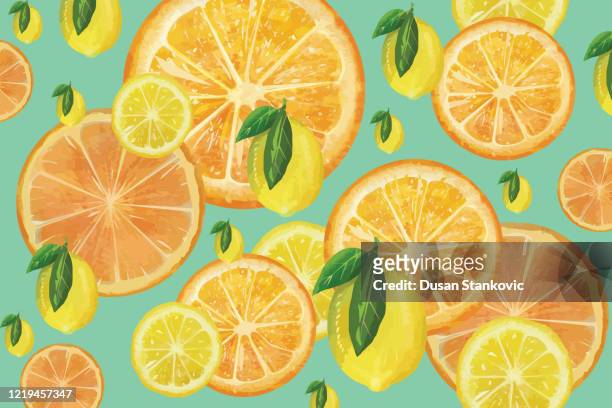 citrus fruit background - slices of lemons and oranges stock illustration - fruit juice stock illustrations