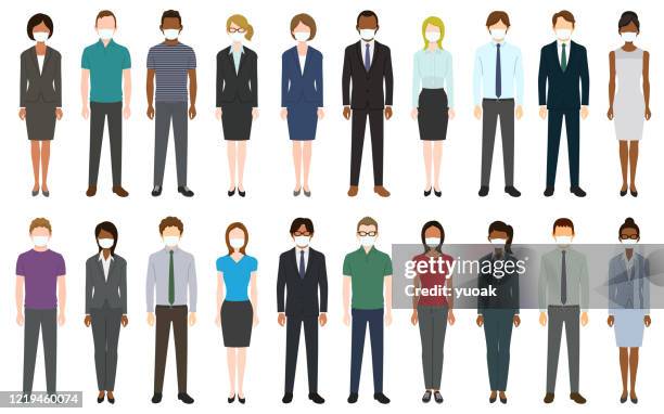 ilustraciones, imágenes clip art, dibujos animados e iconos de stock de multitud de personas que usan máscaras médicas protegiéndose del virus - distancia social