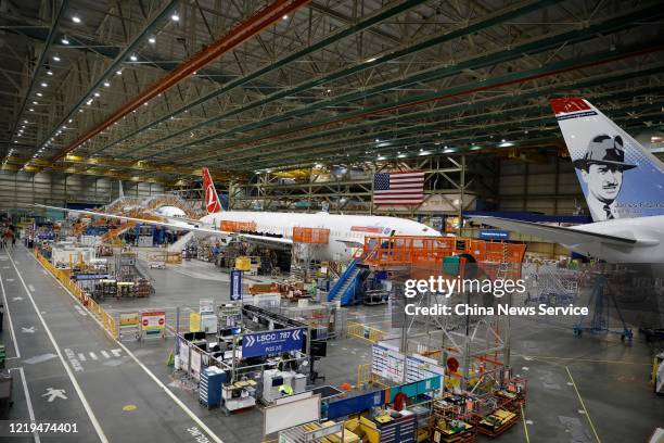 Boeing 787 airplane for Turkish Airlines is seen on the prodution line at a Boeing factory on November 20, 2019 in Washington, DC.