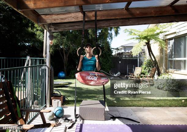 Australian Olympic Canoeist Jess Fox trains at her home on April 18, 2020 in Sydney, Australia. Athletes across the globe are now training in...