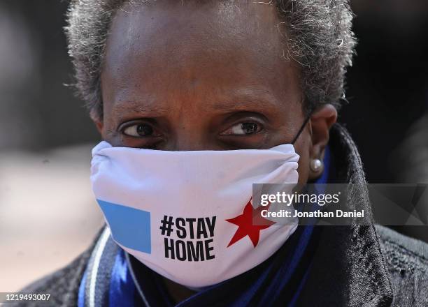 Chicago mayor Lori Lightfoot arrives at Wrigley Field on April 16, 2020 in Chicago Illinois. Wrigley Field has been converted to a temporary...