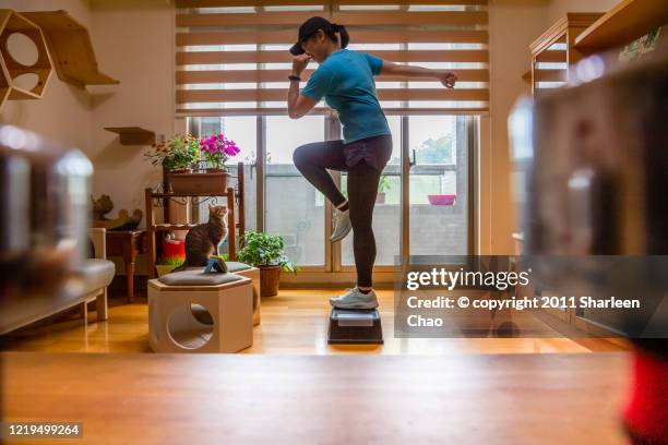 step aerobic at home - step-aerobics-home stock pictures, royalty-free photos & images