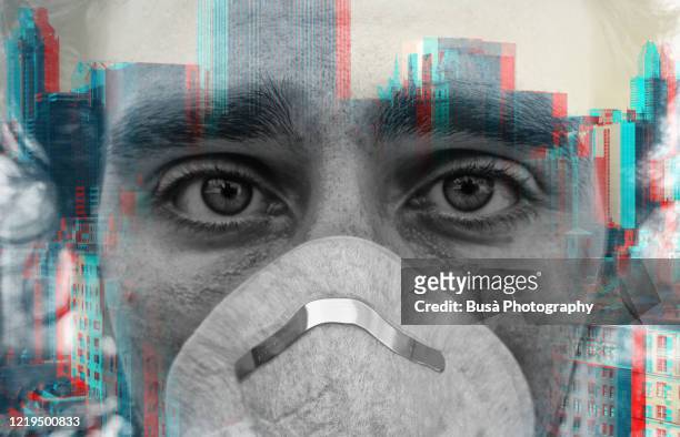 double exposure portrait of face of young man wearing face mask against virus epidemic and a new york city skyline - face mask coronavirus photos et images de collection