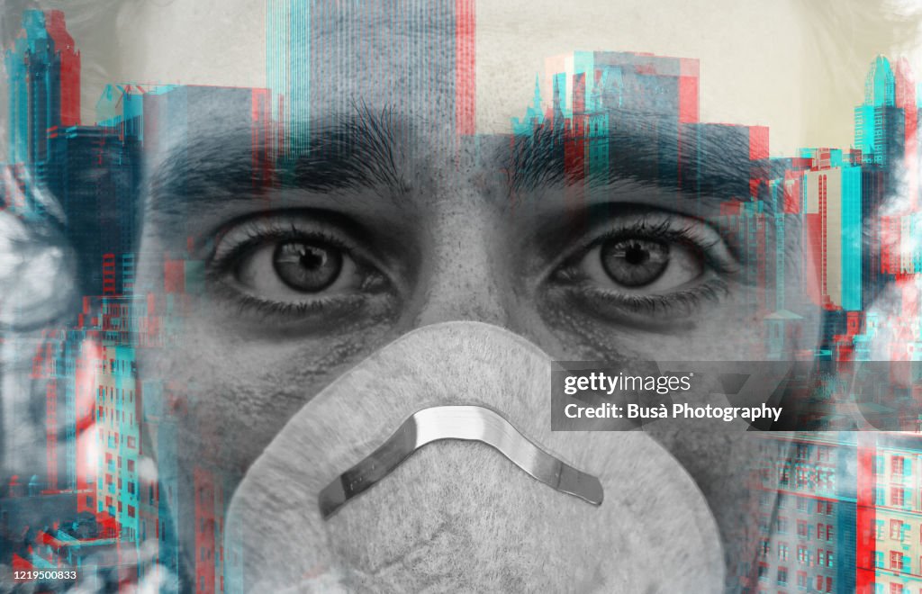 Double exposure portrait of face of young man wearing face mask against virus epidemic and a New York City skyline