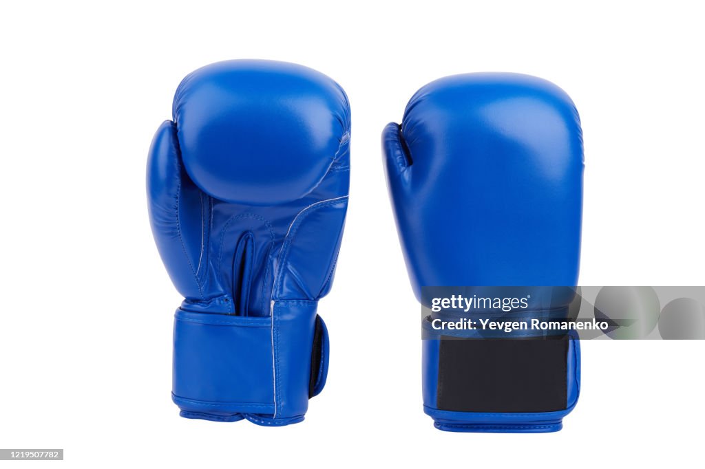 Pair of blue leather boxing gloves isolated on white
