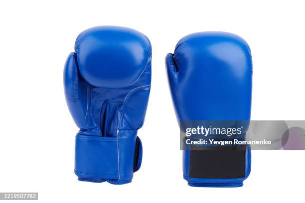 pair of blue leather boxing gloves isolated on white - guante de boxeo fotografías e imágenes de stock