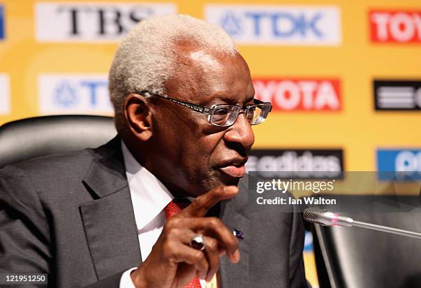 President of the IAAF Mr Lamine Diack answers questions on the failure of the electronic voting system from media at the IAAF World Athletics...