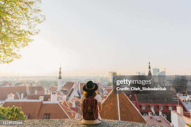 frau sitzt und schaut morgens auf tallinn - estland stock-fotos und bilder