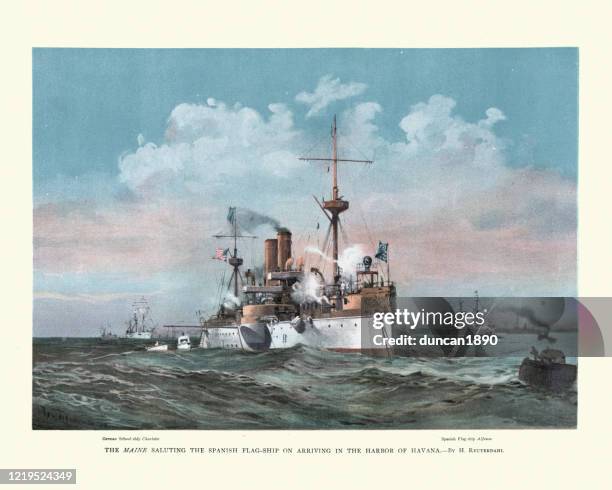 illustrations, cliparts, dessins animés et icônes de uss maine, us navy armored cruiser warship, dans le port de la havane - la havane