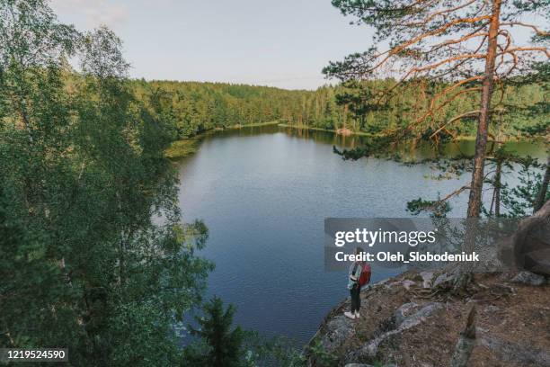 frau schaut in finnland auf den see und trinkt tee - finnish culture stock-fotos und bilder