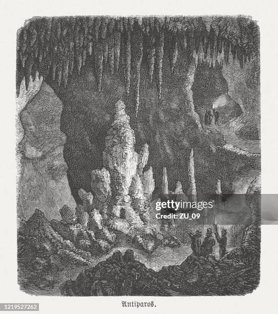 cave of antiparos in greece, wood engraving, published in 1893 - aegean sea stock illustrations