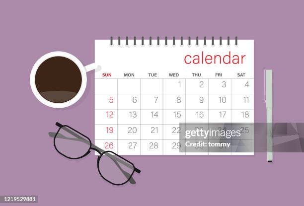 calendar, eyeglasses, coffee cup and pen - checking the time stock illustrations