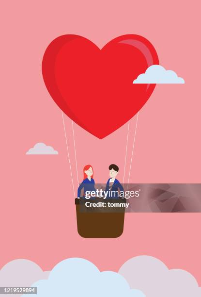 illustrations, cliparts, dessins animés et icônes de flotter d’amant dans le ciel par un ballon de forme de coeur - destiny