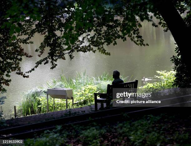 June 2020, North Rhine-Westphalia, Essen: From a bench in the shade, a visitor to the Gruga Park observes what is happening on the water. The dry...