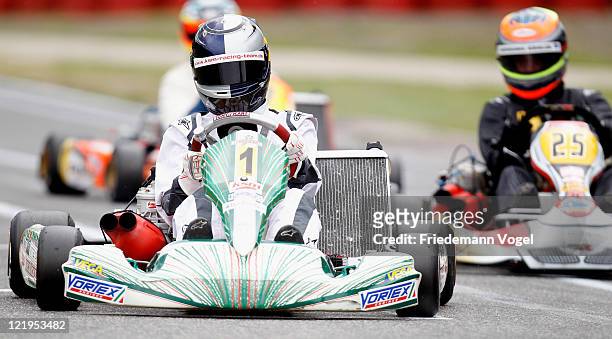 Sebastian Vettel drives Kart during the 50th birthday of the Kart Club Kerpen on August 24, 2011 in Kerpen, Germany.