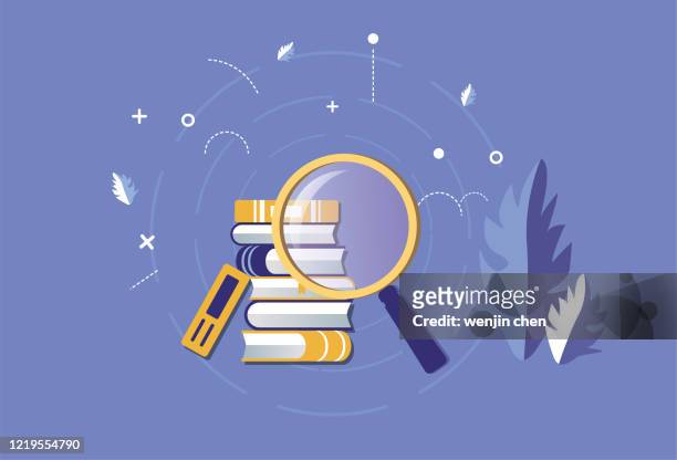 magnifying glass search for books - literature stock illustrations