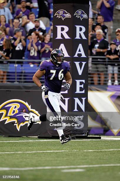 Jah Reid of the Baltimore Ravens is introduced before the start of a preseason game against the Kansas City Chiefs at M&T Bank Stadium on August 19,...
