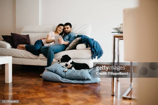 junges erwachsenes paar zusammen zu hause. sie sitzen mit einem tablet zusammen auf dem sofa - mann frau hund zuhause stock-fotos und bilder