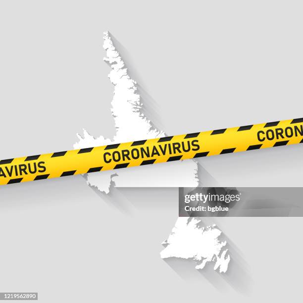 newfoundland and labrador map with coronavirus caution tape. covid-19 outbreak - st johns newfoundland stock illustrations