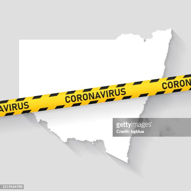 illustrazioni stock, clip art, cartoni animati e icone di tendenza di mappa del nuovo galles del sud con nastro di cautela coronavirus. focolaio di covid-19 - nuovo galles del sud