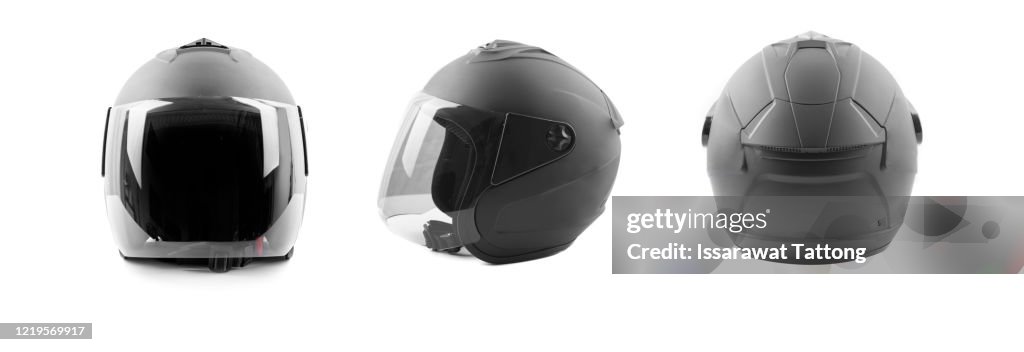 Set collection of white motorcycle carbon integral crash helmet isolated on white background. motorsport car kart racing transportation safety conce