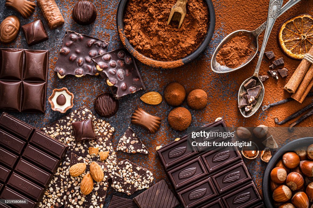 Chocolate bars and cocoa powder shot from above