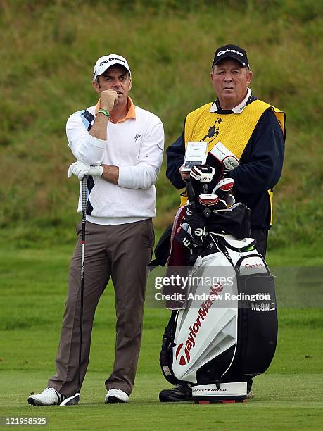 Paul McGinley of Ireland with caddie "Edinburgh Jimmy" Rae during the Pro Am prior to the start of the Johnnie Walker Championship at Gleneagles at...