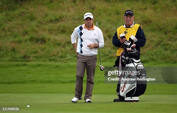 Paul McGinley of Ireland with caddie "Edinburgh Jimmy" Rae during the Pro Am prior to the start of the Johnnie Walker Championship at Gleneagles at...