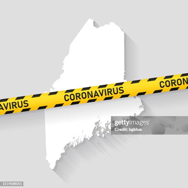 stockillustraties, clipart, cartoons en iconen met maine kaart met coronavirus voorzichtigheid tape. covid-19 uitbraak - portland maine