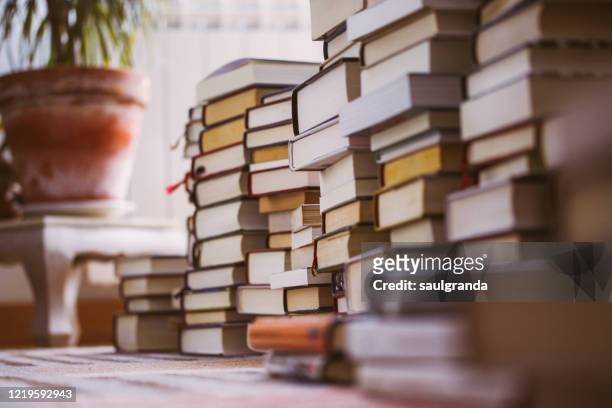 piles of books stacked on a carpet - differential focus fotografías e imágenes de stock