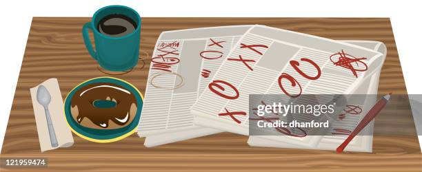 help wanted paper, pen, desktop, donut and mug of coffee - newspaper job listing stock illustrations