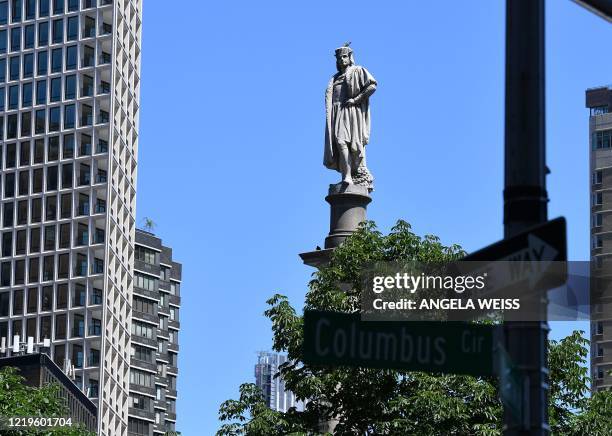 The statue of Christopher Columbus on June 12 at Columbus Circle in New York City. Governor Andrew Cuomo defended the statue at the circle on June 11...