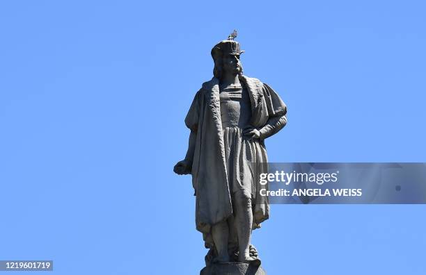 The statue of Christopher Columbus on June 12 at Columbus Circle in New York City. Governor Andrew Cuomo defended the statue at the circle on June 11...