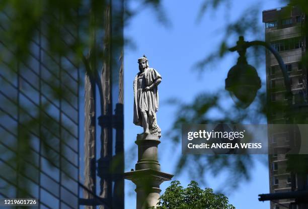 The statue of Christopher Columbus on June 12 at Columbus Circle in New York City. Governor Andrew Cuomo defended the statue at the circle on June 11...