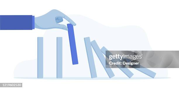 businessman stopping falling domino effect, financial crisis management concept vector illustration - breaking stock illustrations