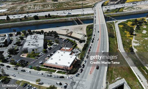 An aerial drone view of cars lined up to receive food distributed by the Los Angeles Regional Food Bank amidst the coronavirus pandemic on April 18,...