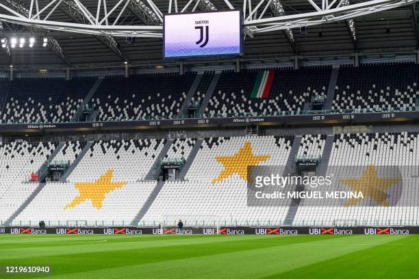 View shows empty tribunes prior to the Italian Cup semi-final second leg football match Juventus vs AC Milan on June 12, 2020 at the Allianz stadium...