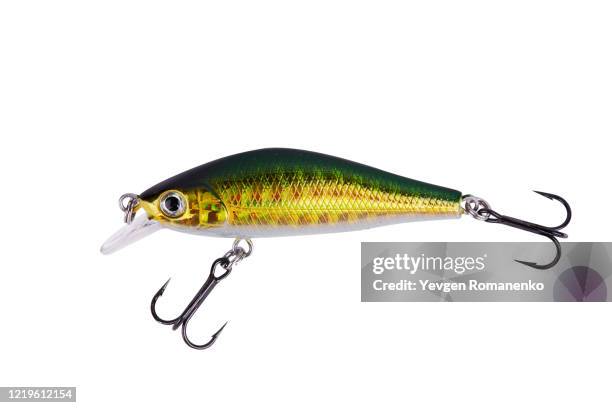 fishing lure with hooks isolated on white background - hook stock pictures, royalty-free photos & images