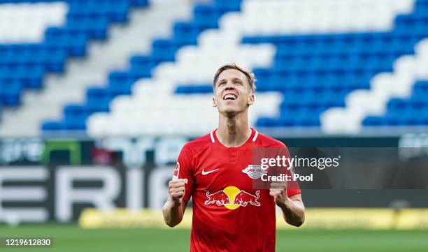 Dani Olmo of Leipzig celebrates after scoring his sides second goal during the Bundesliga match between TSG 1899 Hoffenheim and RB Leipzig at...