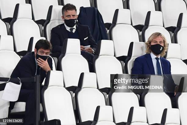 Juventus FC President Andrea Agnelli and Juventus FC vice president Pavel Nedved attend the Italian Cup semi-final second leg football match Juventus...