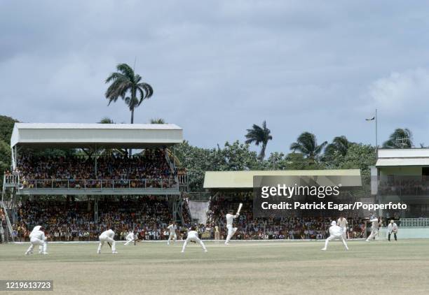 General view across the ground as Greg Chappell of Australia plays a delivery from Vanburn Holder of West Indies during the 2nd Test match between...