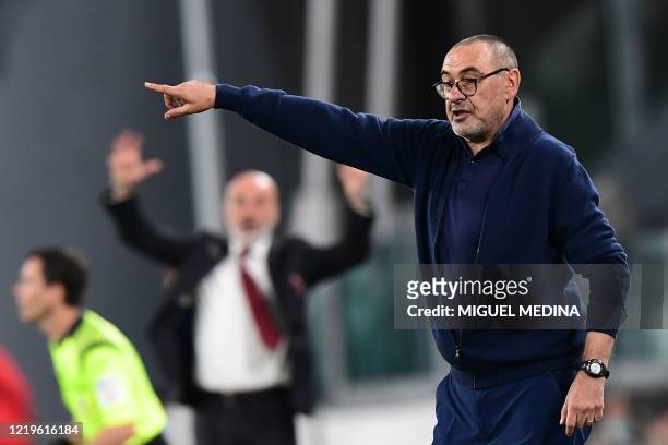 Juventus' Italian coach Maurizio Sarri gestures during the Italian Cup semi-final second leg football match Juventus vs AC Milan on June 12, 2020 at...