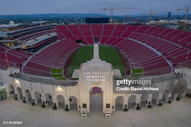 Drone aerial view shows the Los Angeles Memorial Coliseum at Exposition Park as Los Angeles County allows more businesses and facilities to reopen...