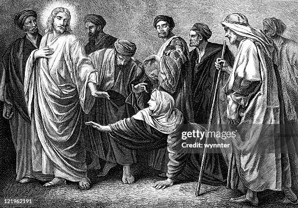 woman healed by touching the garment of jesus christ - jesus healing stock illustrations