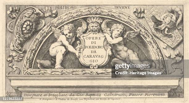 Titeplate to series of prints after Poloidoro, title on a shield supported by two putti, 1658. Artist Giovanni Battista Galestruzzi.