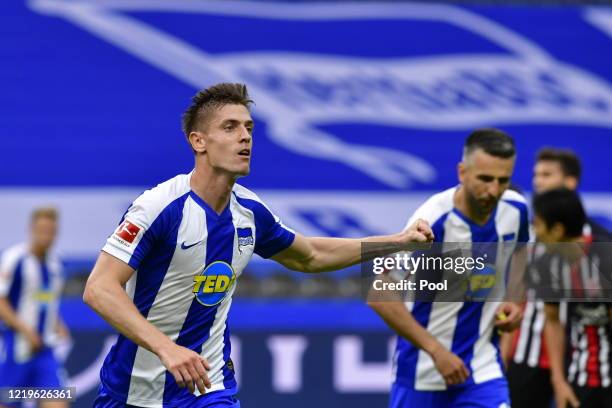 Krzysztof Piatek of Hertha celebrates scoring his sides first goal during the Bundesliga match between Hertha BSC and Eintracht Frankfurt at...