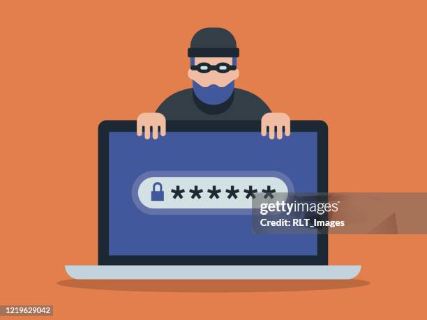 illustrations, cliparts, dessins animés et icônes de illustration de l’ordinateur portable et cybercriminel recherchant le mot de passe - cyber security