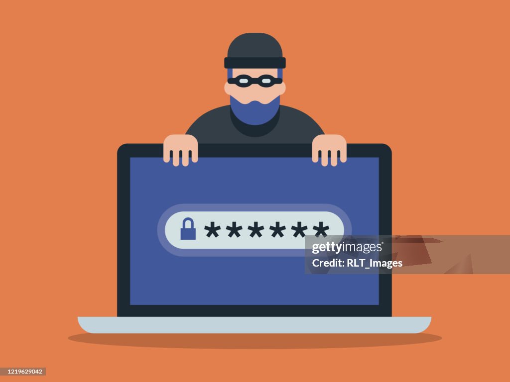 Ilustração de computador portátil e criminoso cibernético em busca de senha