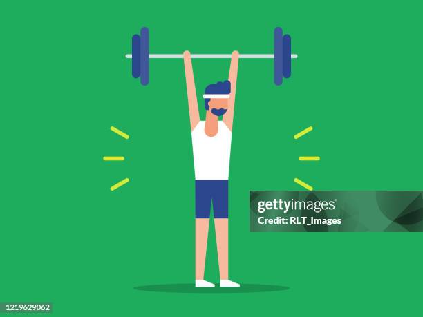 illustration of fit man lifting barbell over head - only men stock illustrations